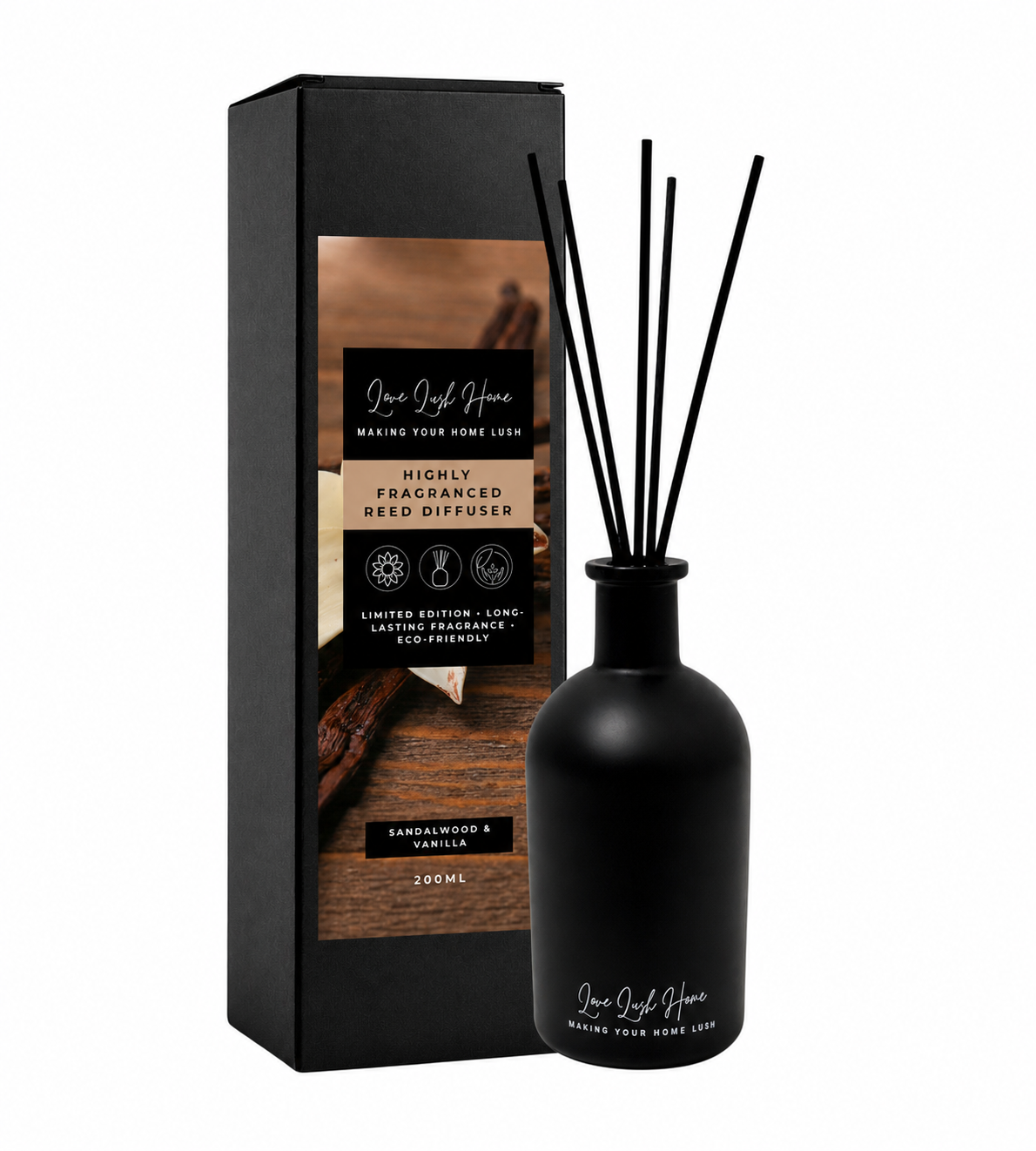 Sandalwood & Vanilla | Black Ceramic Reed Diffuser | 200ml